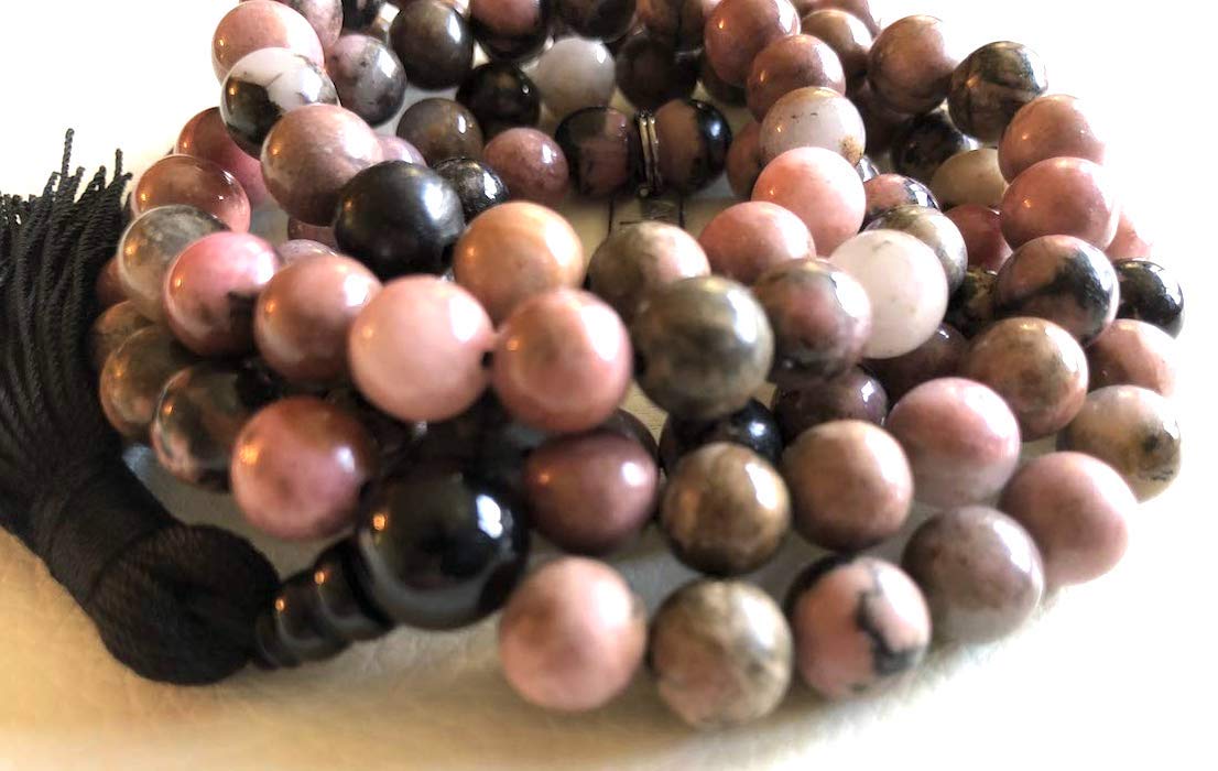 Crystal Mala Beads Necklace Reiki Healing Gem Stones Blessed & Energized Handmade 108 Buddhist Prayer Beads Buddha Beaded Necklaces Yoga Meditation Jewelry - w/ Velvet Pouch ( Rhodonite, 8 mm )