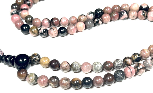 Rhodonite Mala Beads Necklace with Black Onyx Guru Bead – 108 Beads – 6mm & 8mm – Heart Chakra & Gemini Birthstone – Meditation Jewelry
