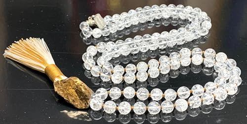 Handmade Himalayan Ice Crystal Quartz Mala Beads Necklace – Pyrite Guru Bead | 8mm 108 Beads | Crown & Solar Plexus Chakras | April Birthstone Energy | Ethically Sourced