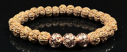 Handmade 5 Mukhi Chikna Rudraksha & Rose Gold Lava Bead Bracelet - Root Chakra Balance & Universal Birthstone - Strength & Harmony