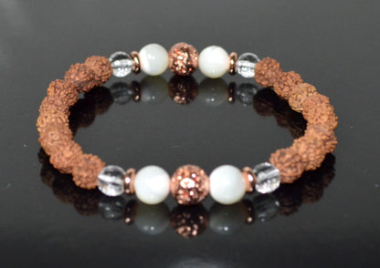 5 Mukhi Chikna Rudraksha, Crystal Quartz, Mother of Pearl and Lava Stretch Bracelet - April Birthstone for Aries, Taurus - Root & Crown Chakra Alignment