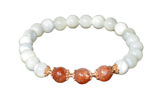 Mother of Pearl and AAAAA Grade Sunstone Beads Stretch Bracelet – Solar Plexus Chakra, Leo Birthstone