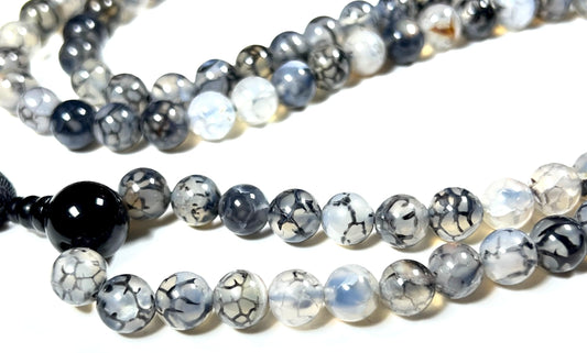Handmade Black Dragon Vein Agate Mala Beads Necklace | 8mm 108 Beads | Spiritual Jewelry | Birthstone & Chakra Energy