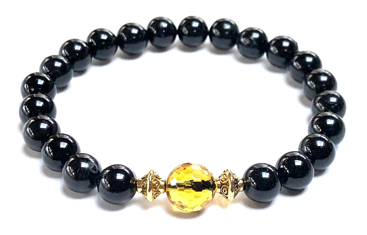 Black Tourmaline and Citrine Stretch Bracelet - November Birthstone for Scorpio & Sagittarius - Solar Plexus Chakra, Zodiac Energy Jewelry