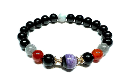 Empath Support Stretch Bracelet - Black Tourmaline, Labradorite, Carnelian, Charoite - 8mm Beads - Multiple Birthstone & Chakra Association