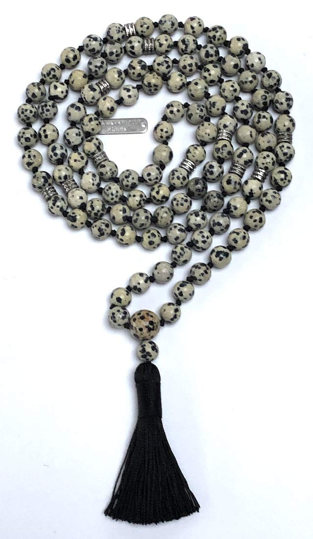 Certified Energized Mala Beads Necklace with COA - Chakra Mala - Japa Mala - 8mm 108 Buddhist Prayer Beads - Meditation Mala - Tassel Necklace – Zodiac/Sun Sign stones (Dalmatian)