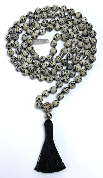 Certified Energized Mala Beads Necklace with COA - Chakra Mala - Japa Mala - 8mm 108 Buddhist Prayer Beads - Meditation Mala - Tassel Necklace – Zodiac/Sun Sign stones (Dalmatian)