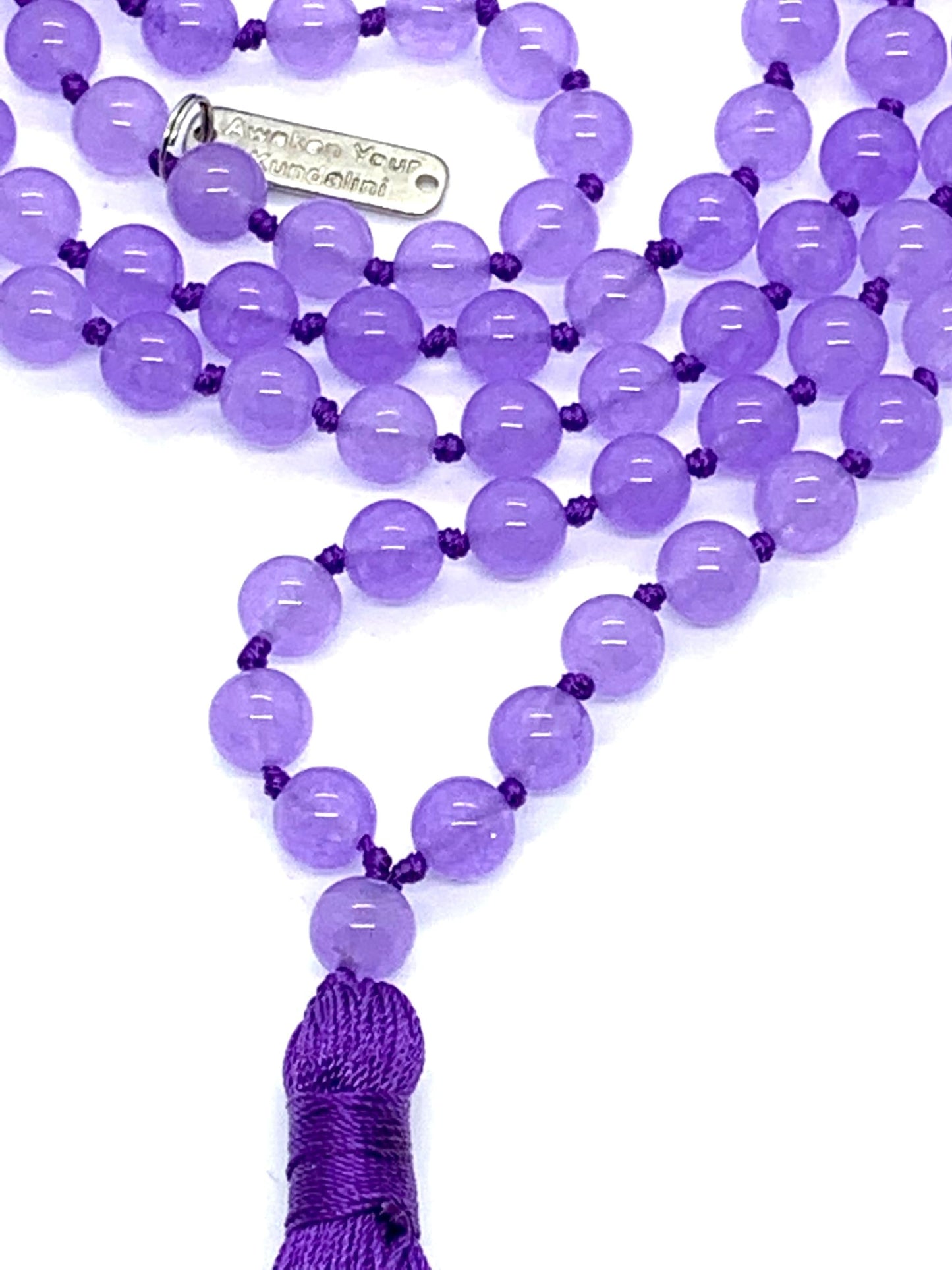 Hand Knotted Royal Harmony Mala Necklace – Natural Purple Jade Beads | 8mm 108 Prayer Beads | Third Eye & Crown Chakras | February Birthstone Energy