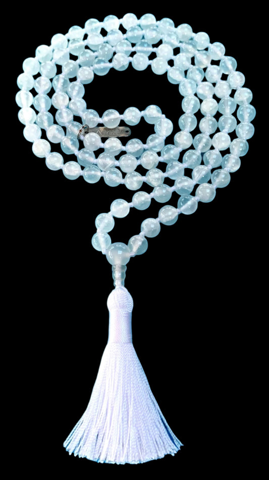 Hand knotted selentte mala necklace with 8mm bead size and 108 beads strung in white nylon thread and white tassel