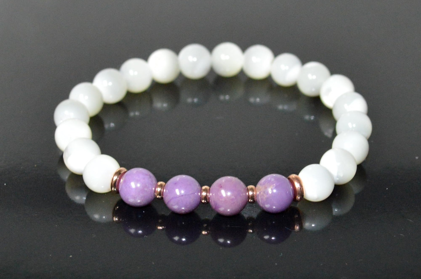 Moonstone & Phosphosiderite Stretch Bracelet - Cancer & Sagittarius Birthstone - Crown & Heart Chakra