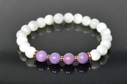 Moonstone & Phosphosiderite Stretch Bracelet - Cancer & Sagittarius Birthstone - Crown & Heart Chakra