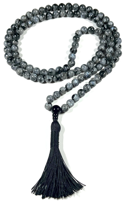 Handmade Larvikite Mala Beads Necklace | Iridescent Blue & Silver Flashes | 8mm 108 Beads | Hand-Knotted Nordic Protection Stone | Birthstone & Root Chakra Energy