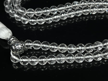 Diamond Cut Crystal Quartz Mala Beads Necklace – 108 Beads – Alloy Guru Bead with "Om Mani Padme Hum" Mantra Inscription – 6mm & 8mm – April Birthstone & Crown Chakra Energy Beads