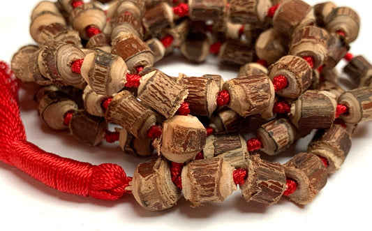 Tulsi mala beads necklace - Energized hand knotted Holy Basil 108 beads w/Velvet Pouch - PURE RAW CUT ROUGH Prayer beads - chanting mantra Meditation - Red Blue Green Orange String (RED)