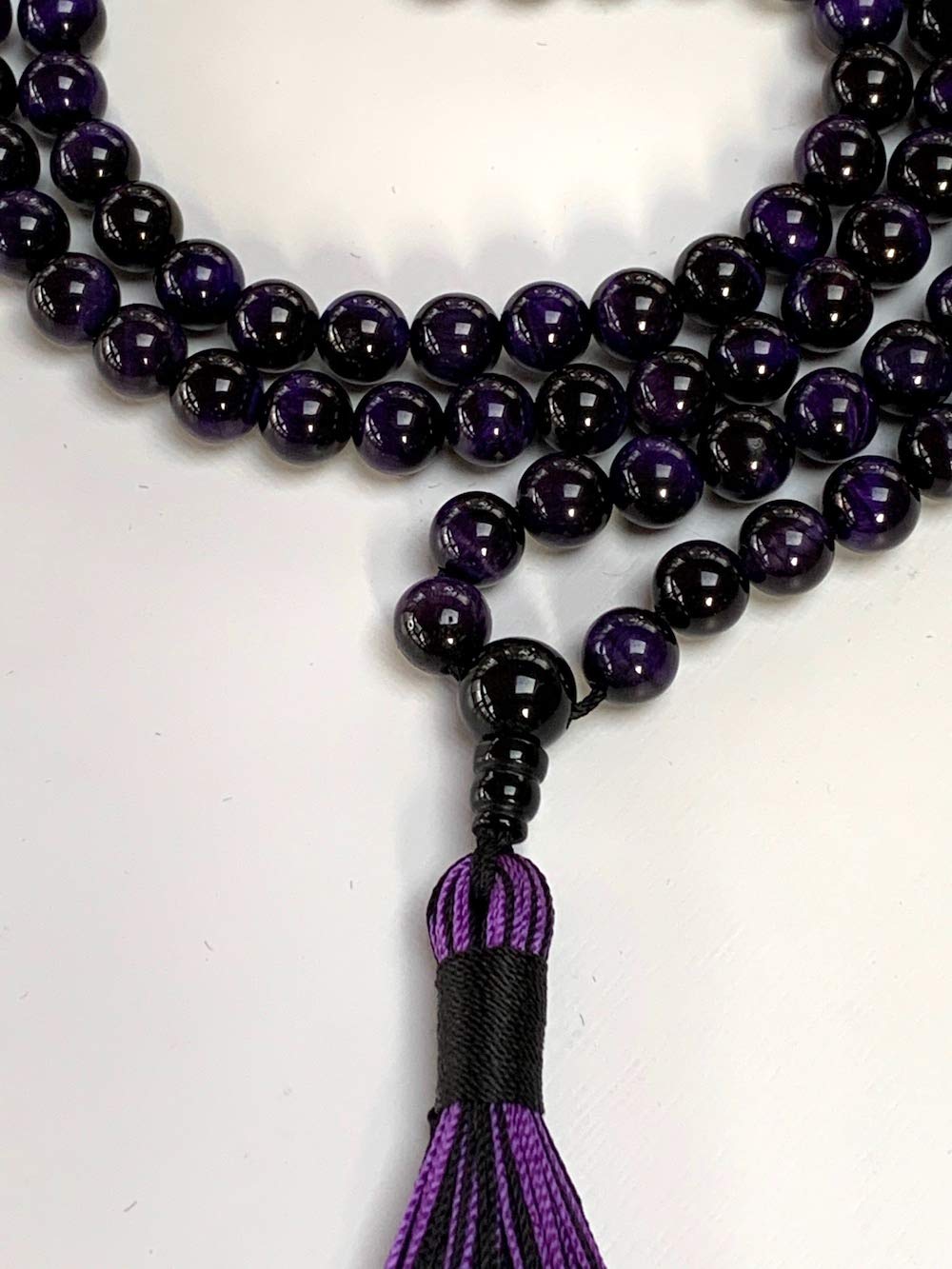 Handmade Purple Tiger's Eye Mala Necklace: Aquarius & Pisces Birthstone - Intuition & Confidence - Third Eye & Solar Plexus Chakra (8mm Beads, 36 Inch Length)