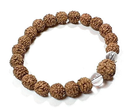 AWAKEN YOUR KUNDALINI Divine Harmony - Stretch Bracelet with Rudraksha & Crystal Quartz - 5 Mukhi, 7 Mukhi Rudraksha, April Birthstone, Taurus Gemstone, Root Chakra