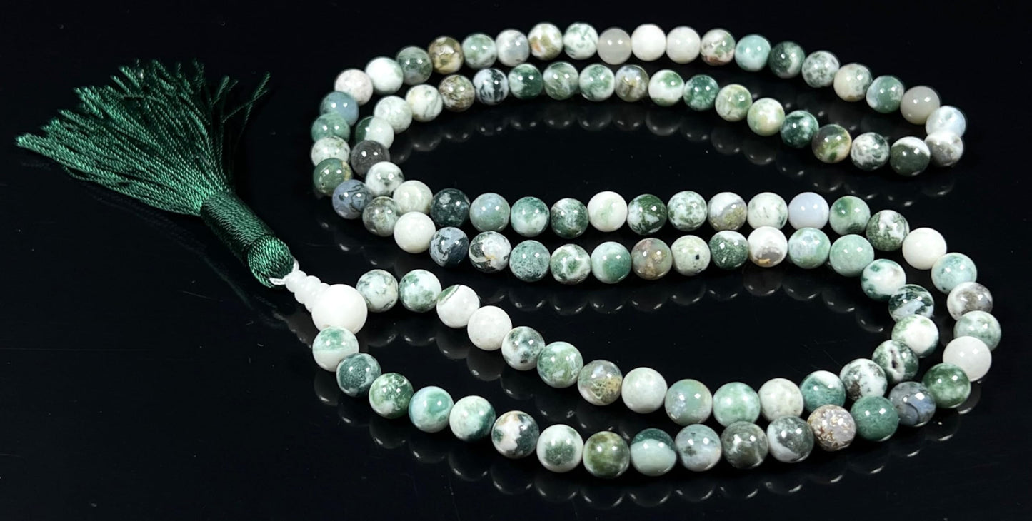 Handmade Green Tree Agate Mala Beads Necklace | 8mm 108 Beads | Hand-Knotted Spiritual Jewelry | Birthstone & Chakra Energy