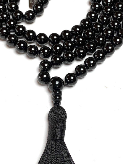 AWAKEN YOUR KUNDALINI Black Tourmaline Mala Necklace, 8mm Beads, Birthstone for October, Libra & Scorpio Sun Sign, Root Chakra