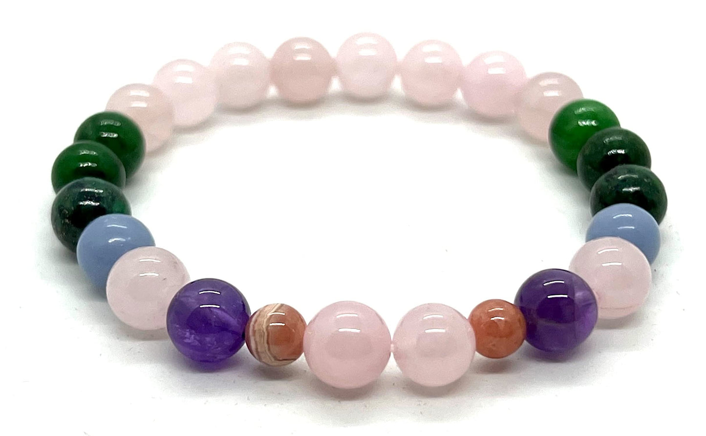 Harmony & Balance Bracelet: Amethyst, Rose Quartz, Green Jade, Angelite, Rhodochrosite (8mm Beads, 7.5 Inch Wrist)