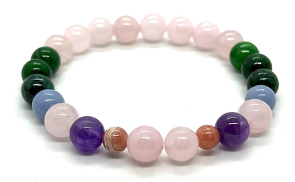 Harmony & Balance Bracelet: Amethyst, Rose Quartz, Green Jade, Angelite, Rhodochrosite (8mm Beads, 7.5 Inch Wrist)