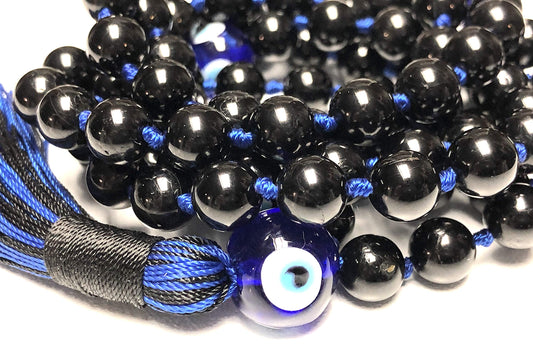 VESTA Black Tourmaline & Evil Eye Mala Necklace | 108 Handcrafted Beads for Protection, Grounding & Intuition | Root & Third Eye Chakra | Capricorn & Aquarius Birthstone | Handmade in USA