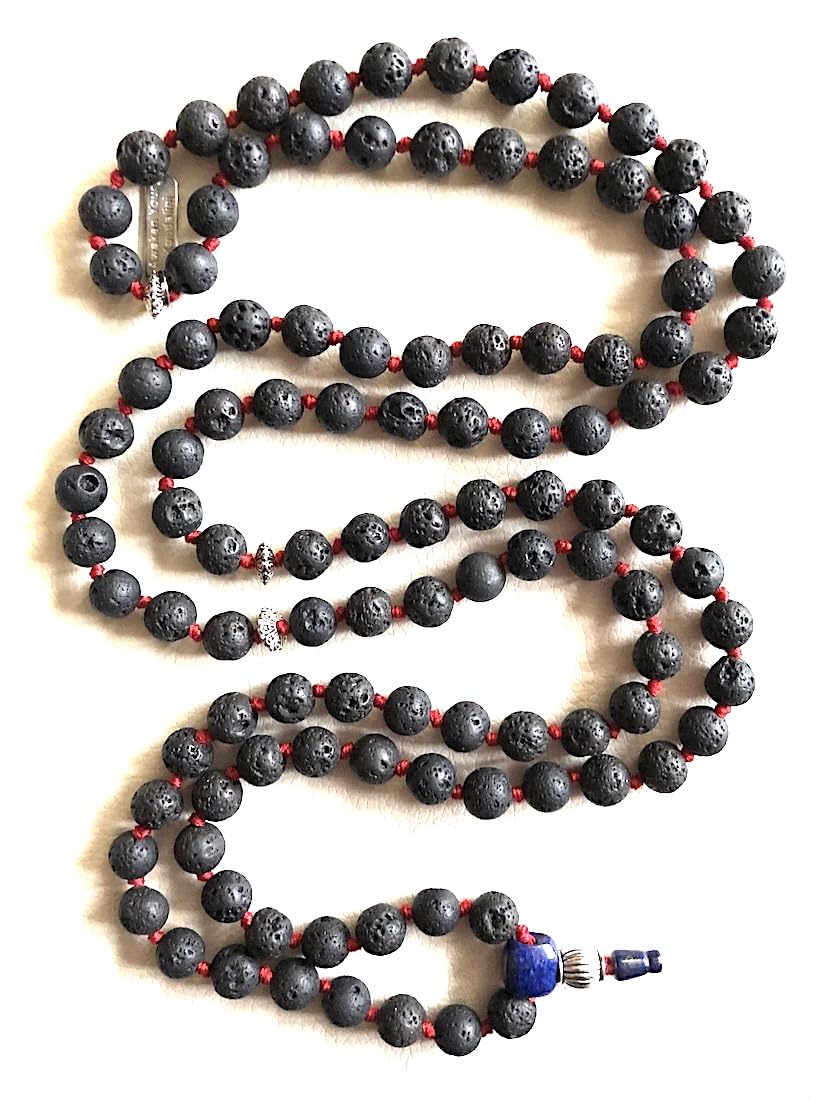 VULCAN Lava Mala Necklace with Lapis Guru Bead | Hand-Knotted 108 Beads
