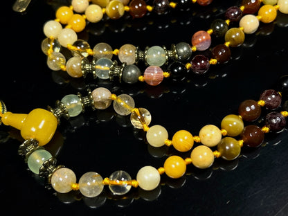 Hand Knotted Abundance Alchemist Mala Beads Necklace | Manifestation Crystals | 8mm 108 Beads | Solar Plexus & Root Chakras | Universal Zodiac Birthstones | Ethically Sourced