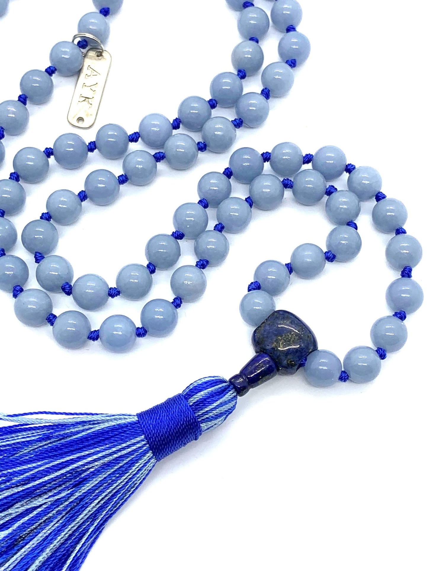 Knotted Blue Angelite Mala Beads Necklace,