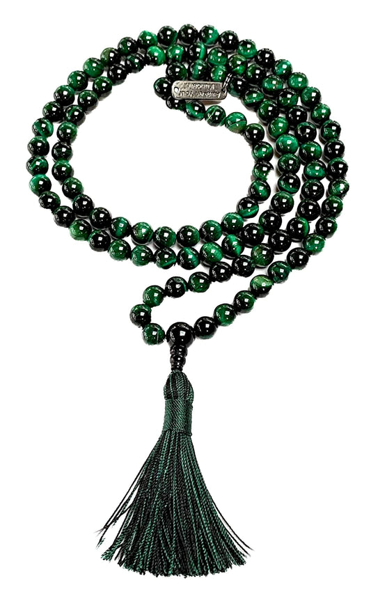 Tiger Eye Tiger's Eye Mala Beads Necklace 3rd Chakra Throat Chakra Healing Crystals 108 Prayer Beads - Grounding Integrity Will Power Intution Insomnia Libido Powerful (GREEN, Bead size 8 mm)