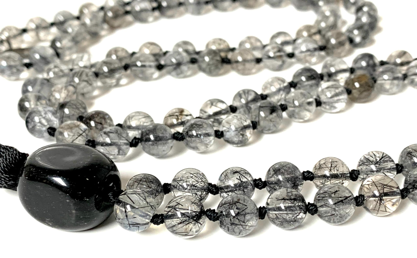 AAA Grade Rutilated Quartz Mala Necklace with Black Tourmaline Guru Bead – Hand-knotted 8mm 108 Beads | Crown & Root Chakras | April Birthstone Energy | Ethically Sourced