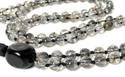 AAA Grade Rutilated Quartz Mala Necklace with Black Tourmaline Guru Bead – Hand-knotted 8mm 108 Beads | Crown & Root Chakras | April Birthstone Energy | Ethically Sourced