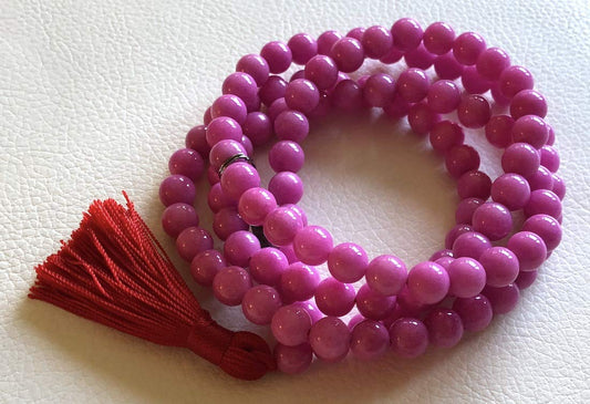 Crystal Mala Beads Necklace Reiki Healing Gem Stones Blessed & Energized Handmade 108 Buddhist Prayer Beads Buddha Beaded Necklaces Yoga Meditation Jewelry - w/ Velvet Pouch ( Magenta Jade, 8 mm )