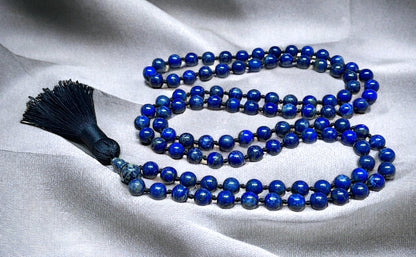 AWAKEN YOUR KUNDALINI Hand Knotted Lapis Lazuli Mala Necklace - 8mm Bead Size - Birthstone Sagittarius Sun Sign - Astrological Sign Pisces - Third Eye Chakra