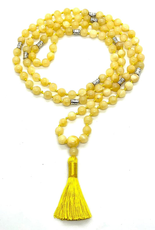 Hand-knotted Calcite Mala Necklace - Taurus & Gemini Birthstone - Throat Chakra Harmony (8mm 108 Beads)