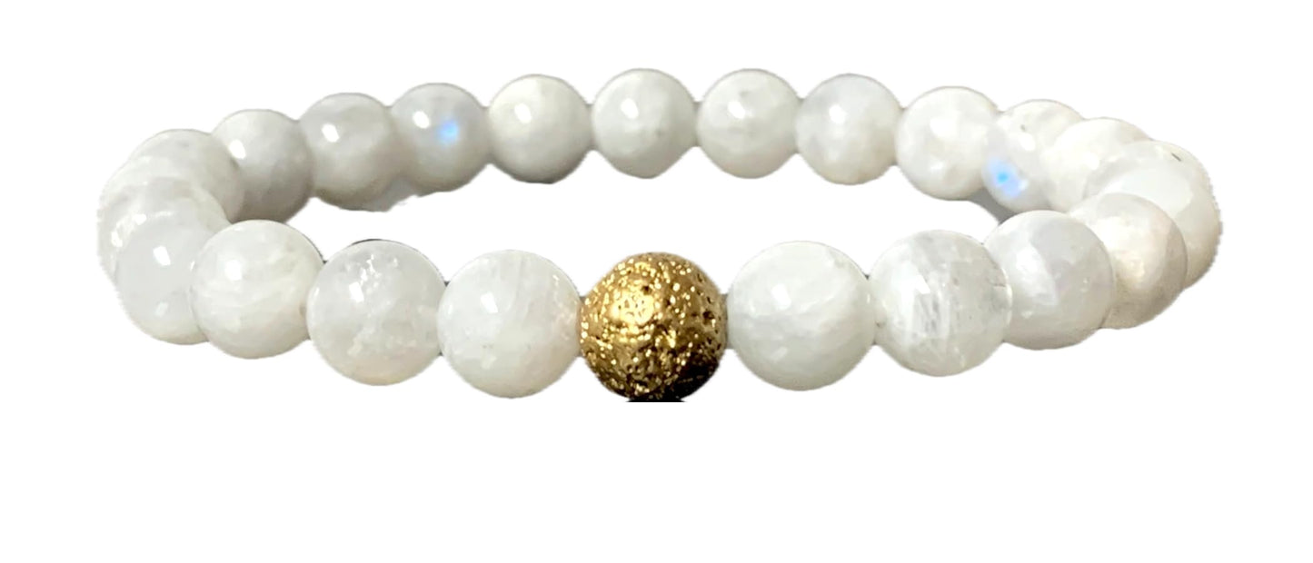 Moonstone And Lava Stretch Bracelet - Cancer Birthstone - Sacral & Crown Chakra Jewelry
