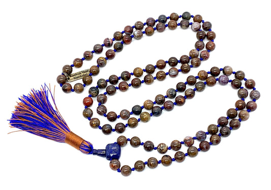 Hand Knotted Pietersite Mala Necklace – 8mm | 108 Beads | Third Eye & Solar Plexus Chakras | September Birthstone Energy | Ethically Sourced