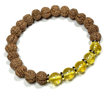 5 Mukhi (5 Faces) Chikna Rudraksha and Citrine Stretch Bracelet - November Birthstone for Sagittarius and Scorpio - Solar Plexus Chakra
