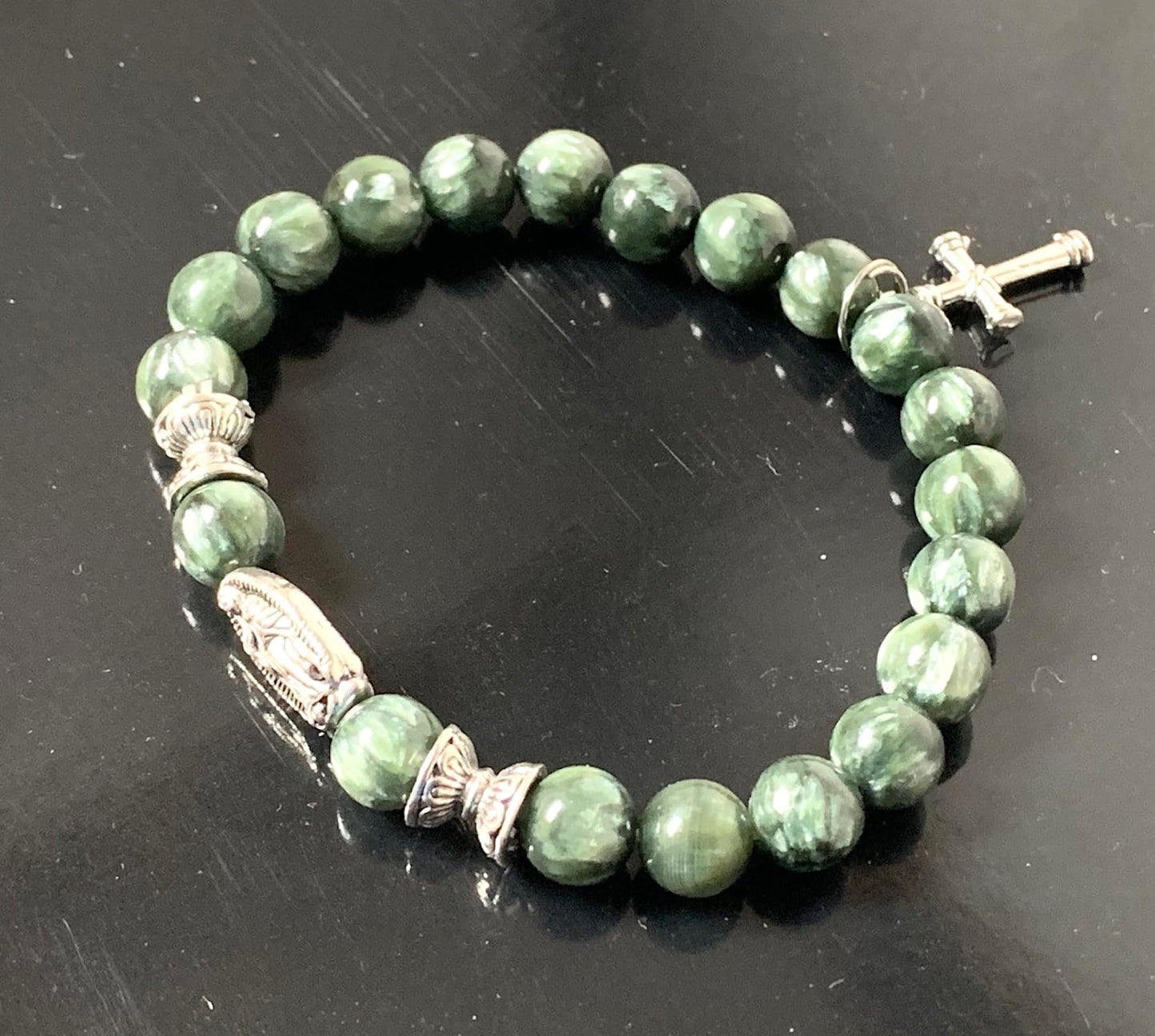 Seraphinite Stretch Bracelet with Choice of Alloy Silver Finish Mother Mary & Holy Cross or Lord Ganesha - Universal Birthstone - Heart & Crown Chakra