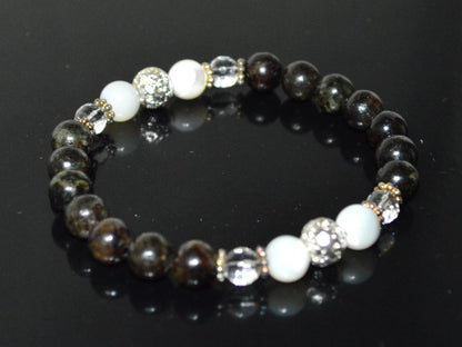 Astrophyllite, Crystal Quartz, Lava & Mother of Pearl Stretch Bracelet - Birthstone for April & June - Zodiac Sun Sign for Aries, Taurus, Gemini Cancer - Crown Chakra