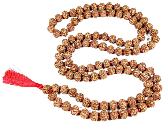Hand-Knotted 5 Mukhi Chikna Rudraksha Mala Beads Necklace - Five Faced Pathri Rudraksh Rosary - Heart Chakra - 108 Buddhist Prayer Beads