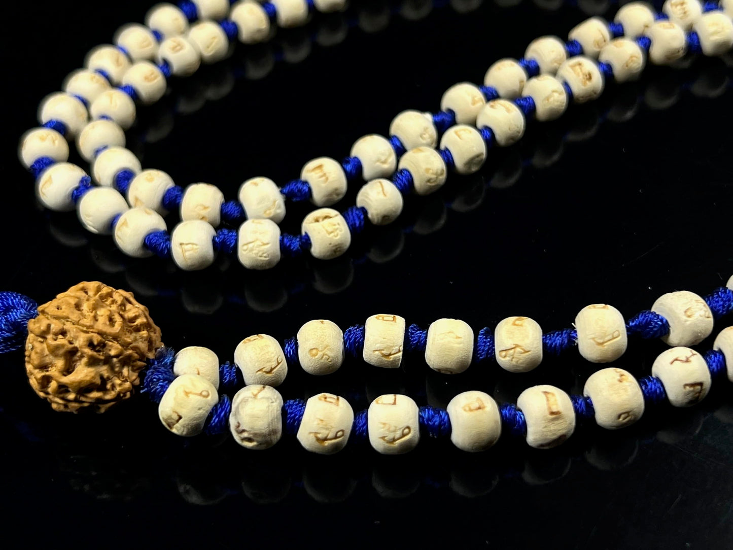 Tulsi Mala Beads Necklace w/ 5 Mukhi Rudraksha – 8mm Beads with "Ram" Inscription – Root Chakra & Aries Birthstone – Meditation Jewelry