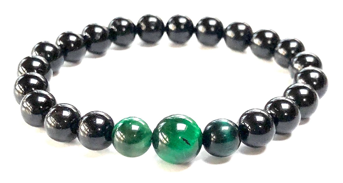 Black Tourmaline and Green Tiger's Eye Stretch Bracelet – Root and Heart Chakra - Scorpio and Sagittarius Birthstone Jewelry