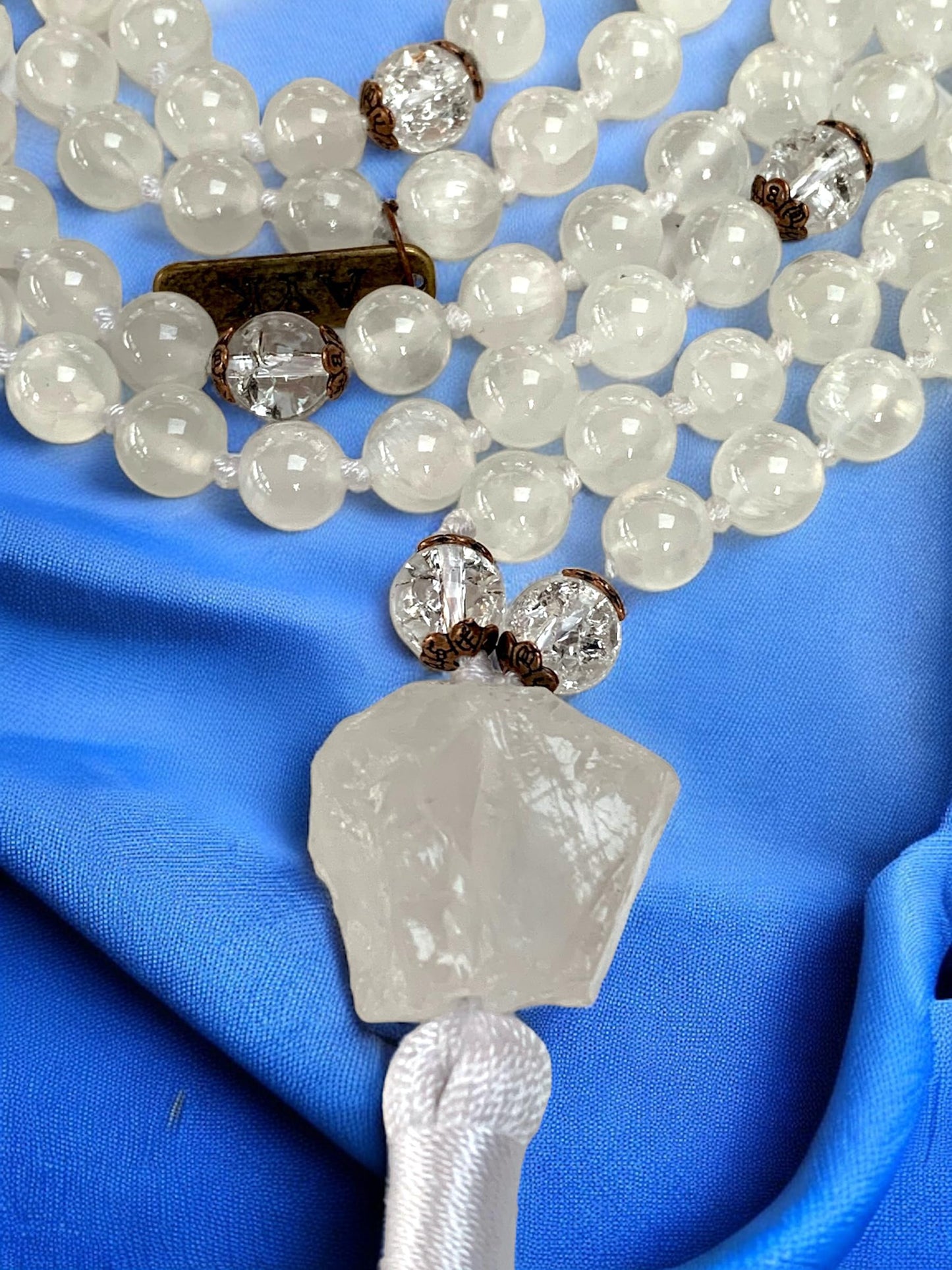 AAA Grade 8mm Genuine Natural Selenite & Nirvana Crystal Quartz, Gemstone Mala Bead Necklace, Soul Chakra, Crown Chakra, Jaap Japa, 108 Mala, Energized Mala Beads Necklace, Chakra Mala
