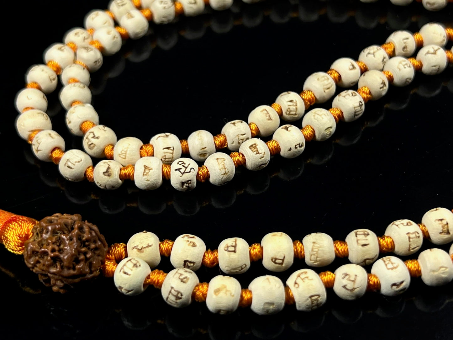 Tulsi Mala Beads Necklace w/ 5 Mukhi Rudraksha – 8mm Beads with "Ram" Inscription – Root Chakra & Aries Birthstone – Meditation Jewelry