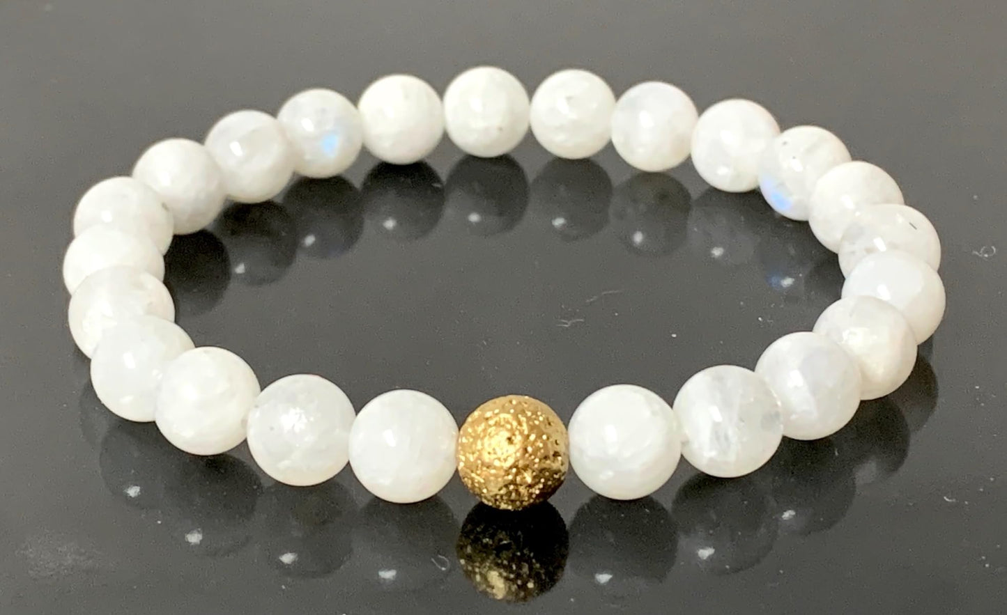 Moonstone And Lava Stretch Bracelet - Cancer Birthstone - Sacral & Crown Chakra Jewelry