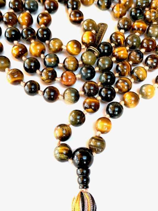 Embrace the Power of Nature with Triple Tiger's Eye Mala Beads Necklace - Gemini & Capricorn Birthstone, Root & Solar Plexus Chakra