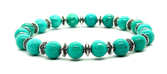Handmade Turquoise Stretch Bracelet (8mm Beads, Silver Spacers) - Sagittarius Birthstone, Zodiac Sign, and Throat Chakra - Wrist Size Approx. 7 Inches