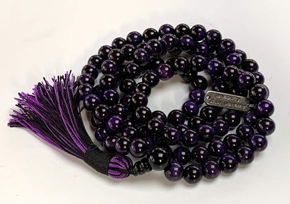 Handmade Purple Tiger's Eye Mala Necklace: Aquarius & Pisces Birthstone - Intuition & Confidence - Third Eye & Solar Plexus Chakra (8mm Beads, 36 Inch Length)