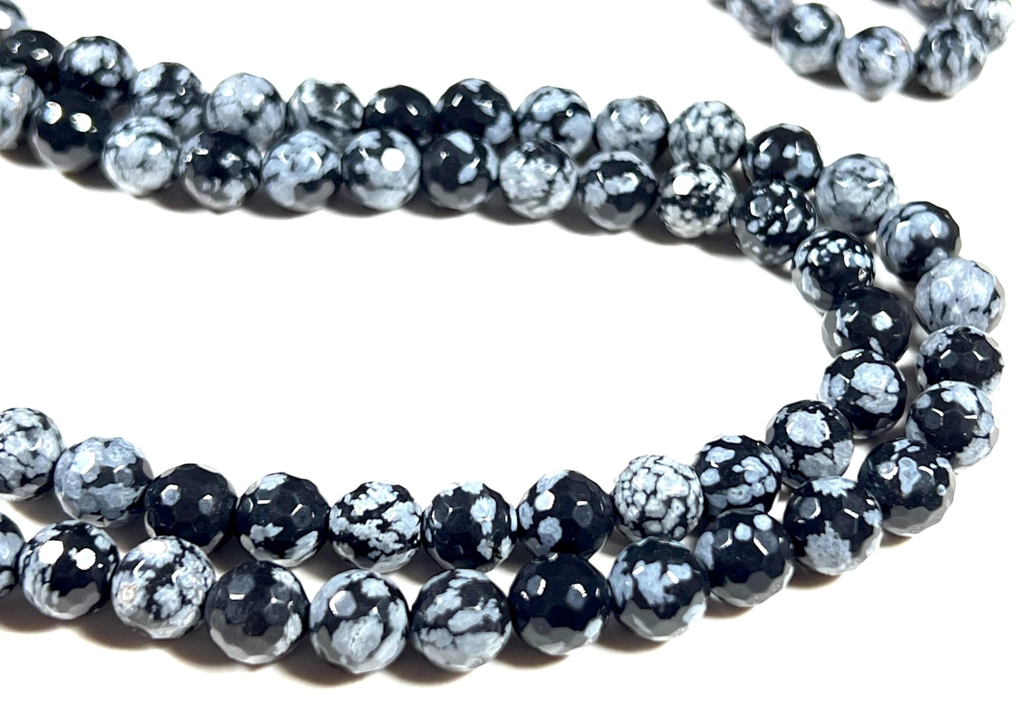 Snowflake Obsidian Mala Beads Necklace, Facetted 8mm 108 Mala Beads, Capricorn and Virgo Birthstone Crystal Gemstones