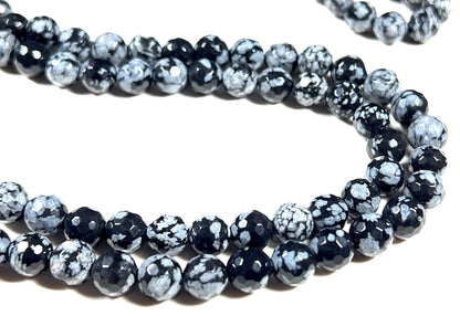Snowflake Obsidian Mala Beads Necklace, Facetted 8mm 108 Mala Beads, Capricorn and Virgo Birthstone Crystal Gemstones